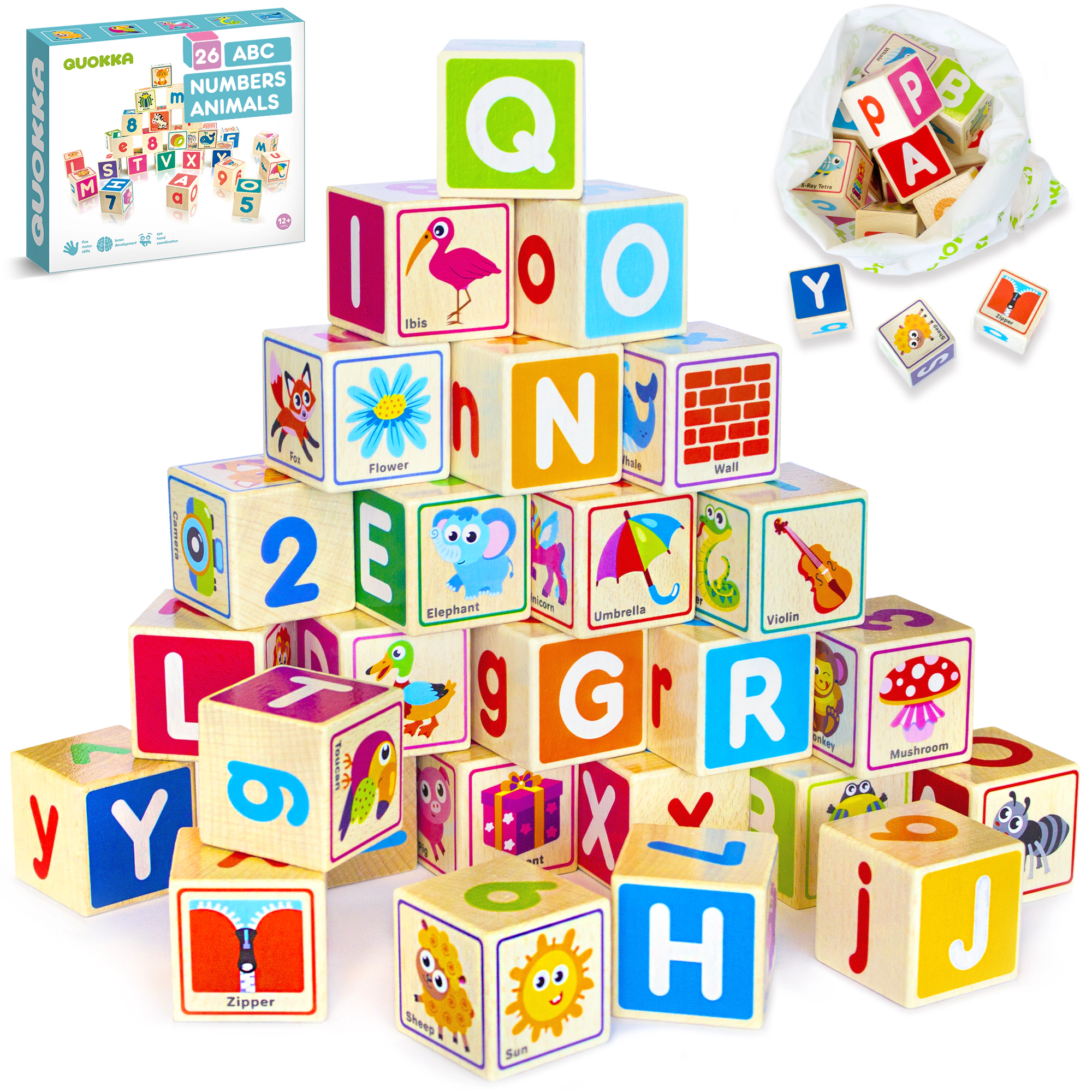 QUOKKA Wooden Alphabet Blocks & Peg Puzzle Set, ABC Learning Toys for Toddlers, Ages 1+