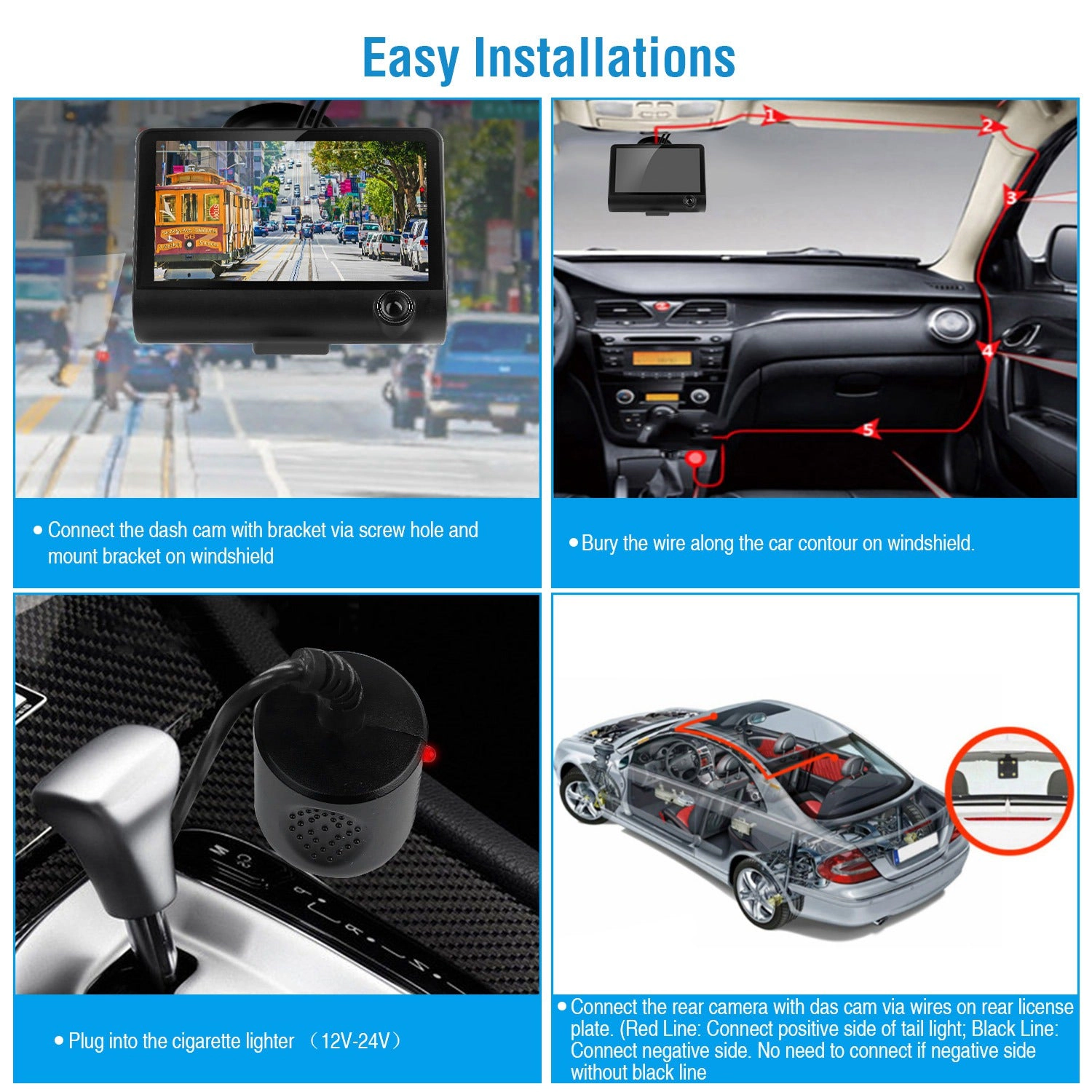 GBruno 4 Inch 3-Lens 1296P Car Dash Camera