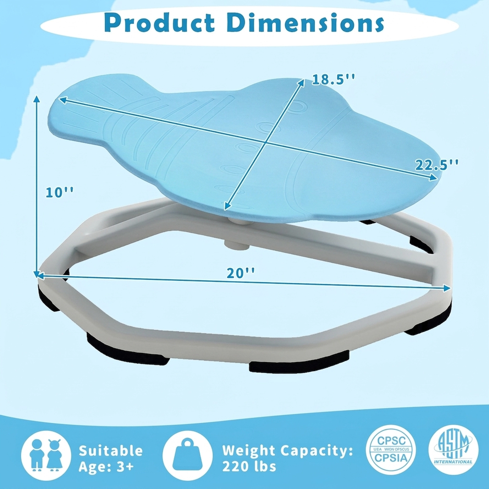 SUGIFT Kids Sensory Elephant 360° Swivel Chair Non-Slip Metal Base 220-Lb Capacity Ages 3+ 21-in Wide Seat Light Blue