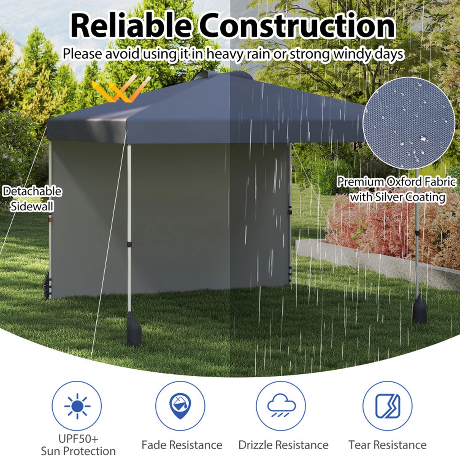 SUGIFT Pop-Up Gazebo Canopy Tent 10-ft x 10-ft with 1 Sidewall 3-Height Adjustable Frame Wheeled Bag Gray