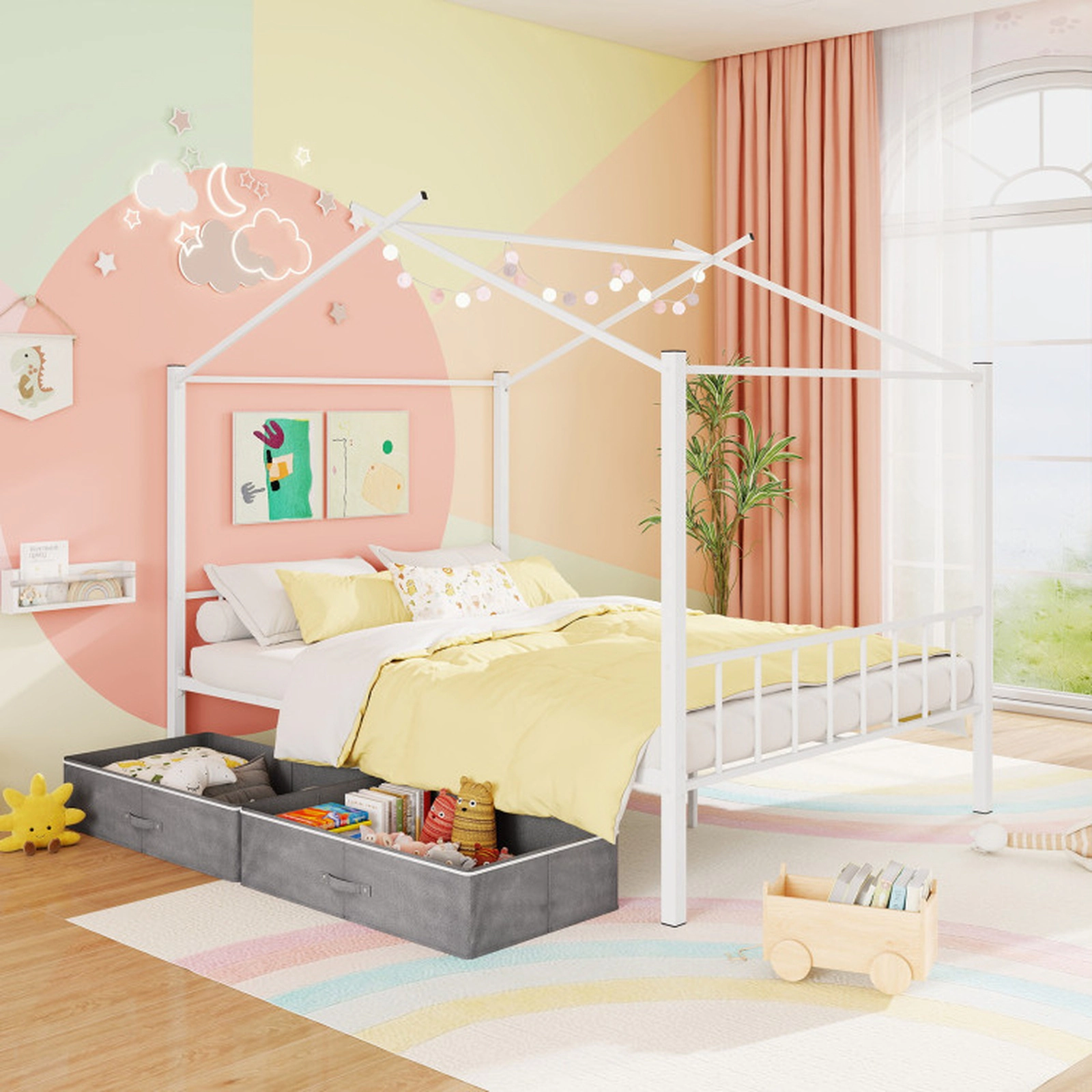 SUGIFT Full Size Metal House Bed Frame with 12 Metal Slats and 2 Fabric Drawers 660-lb Capacity Toddler Bed White/Black