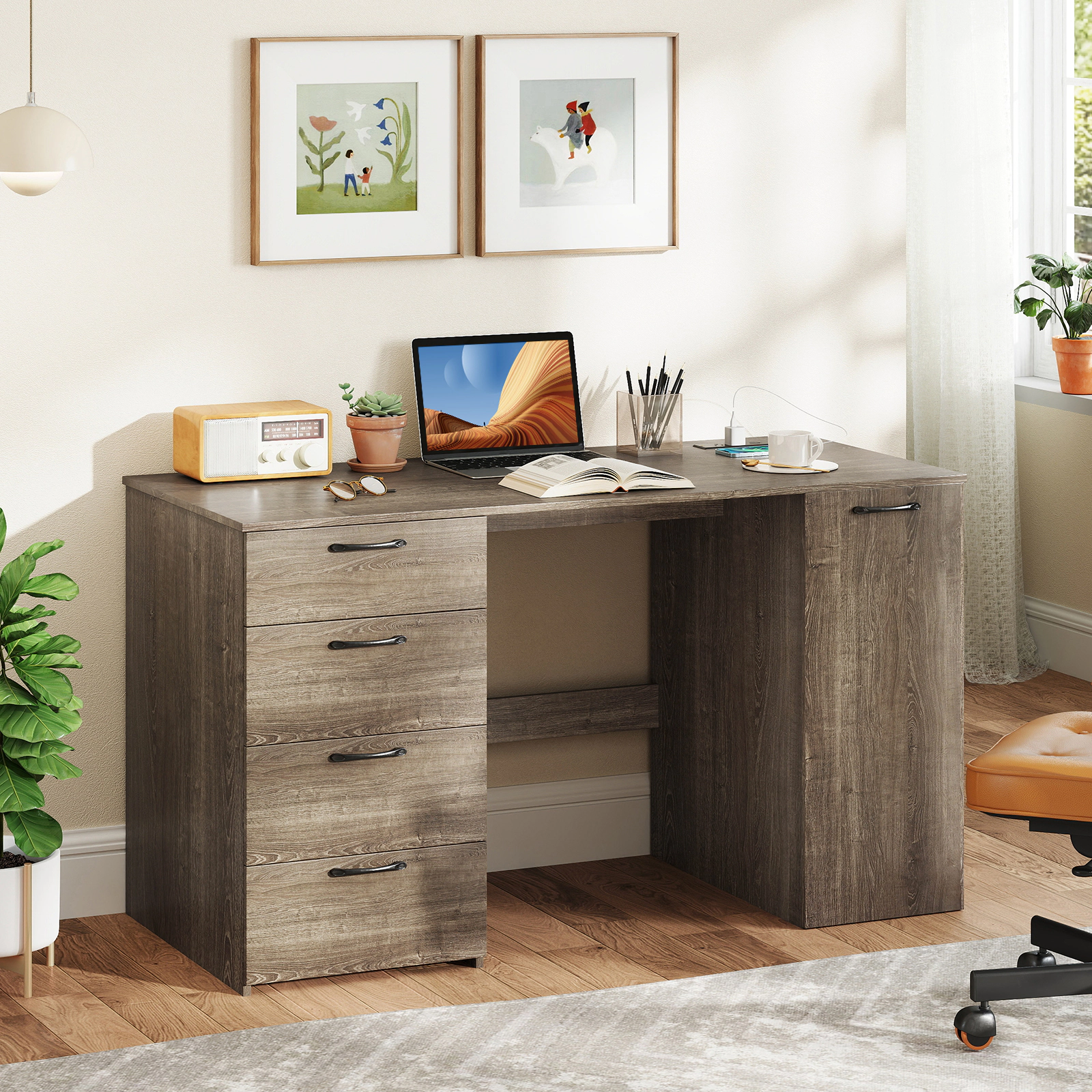 LJG 53 Inches Computer Desk with Power Outlets and 4 Storage Drawers
