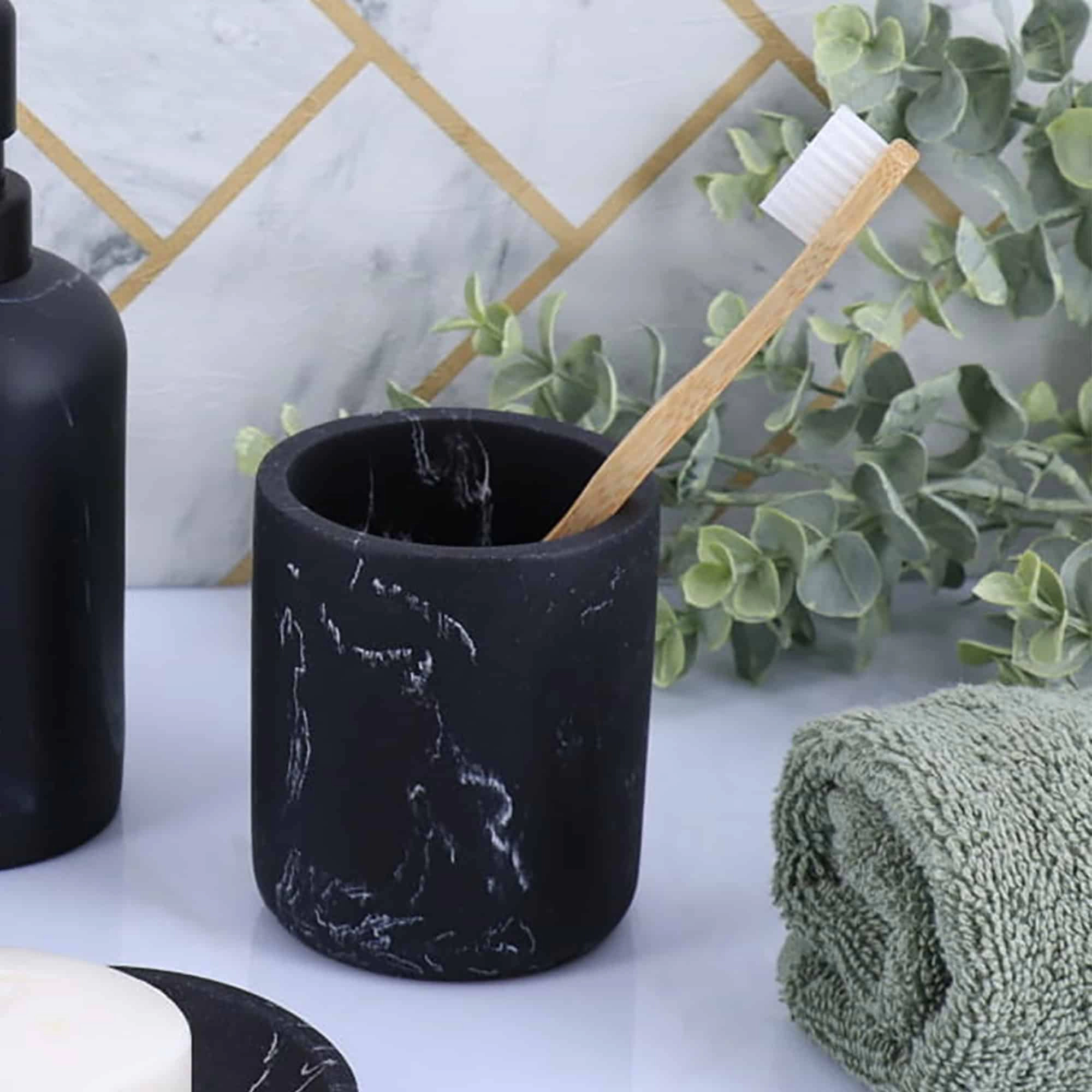Evideco French Home Goods Marble-Effect Polyresin Toothbrush Holder, Polished Cylinder