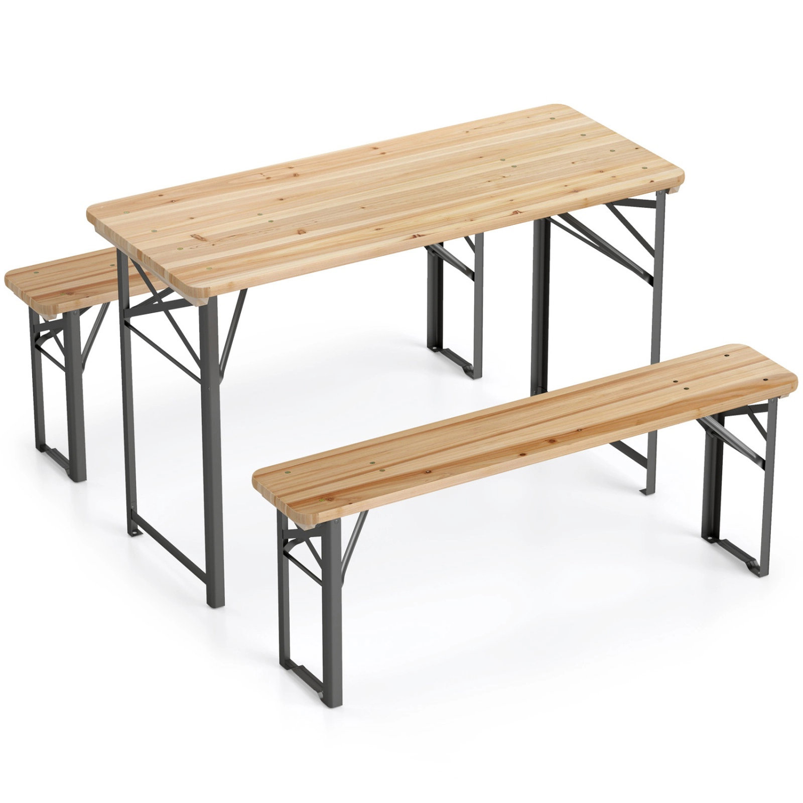 SUGIFT 3-Piece Folding Fir Wood Picnic Table and Benches 110-lb Table 330-lb Benches Natural and Black