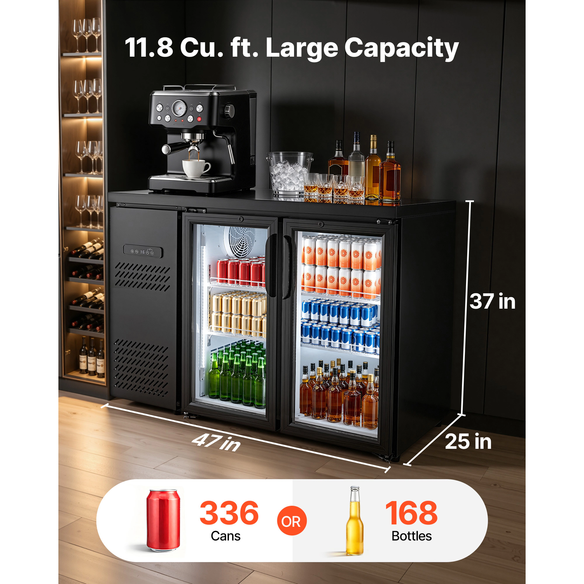 HONGGE 11.8 Cu. Ft Back Bar Beverage Cooler with 2 Glass Doors & LED Lighting for Bar, Restaurant, Cafe