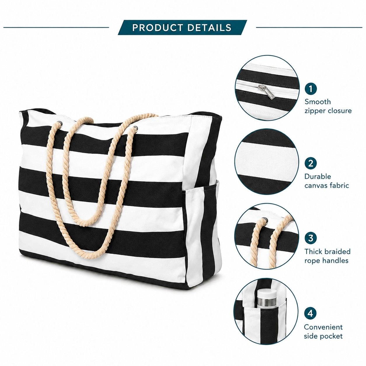 Alilang Women's Striped Beach Tote Bag with Zip Closure Rope Handles and Side Pockets, Black