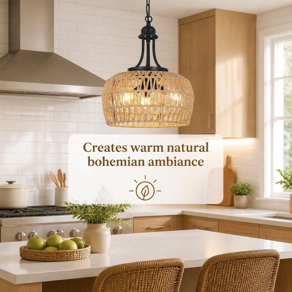 ELEMENT ACE Natural Rattan Metal Flush Mount Ceiling Light