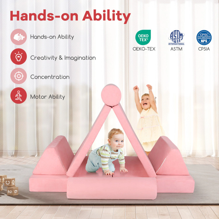 Hivvago 8 Pieces Kids Play Couch Foam Building Fort Play Set With Suede Cover-Pink