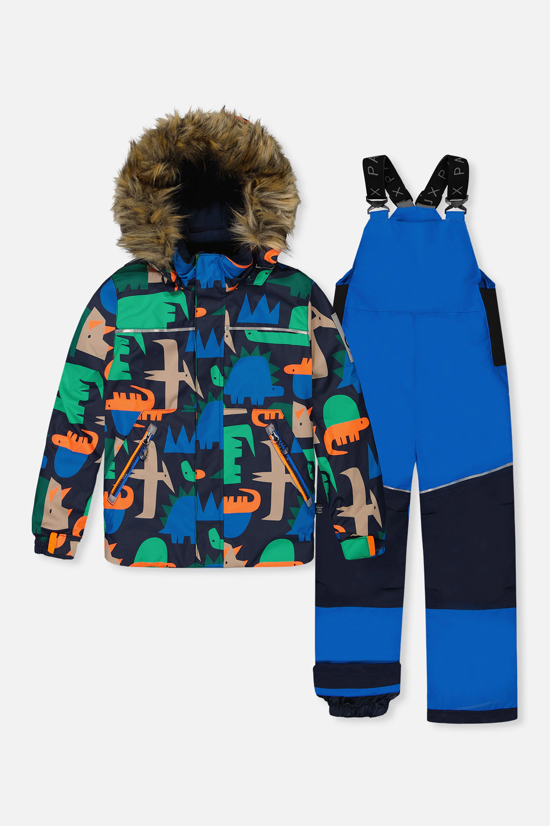 Deux par Boys Dinosaur Print Two Piece Discover Snowsuit with Hooded Jacket and Snow Pants