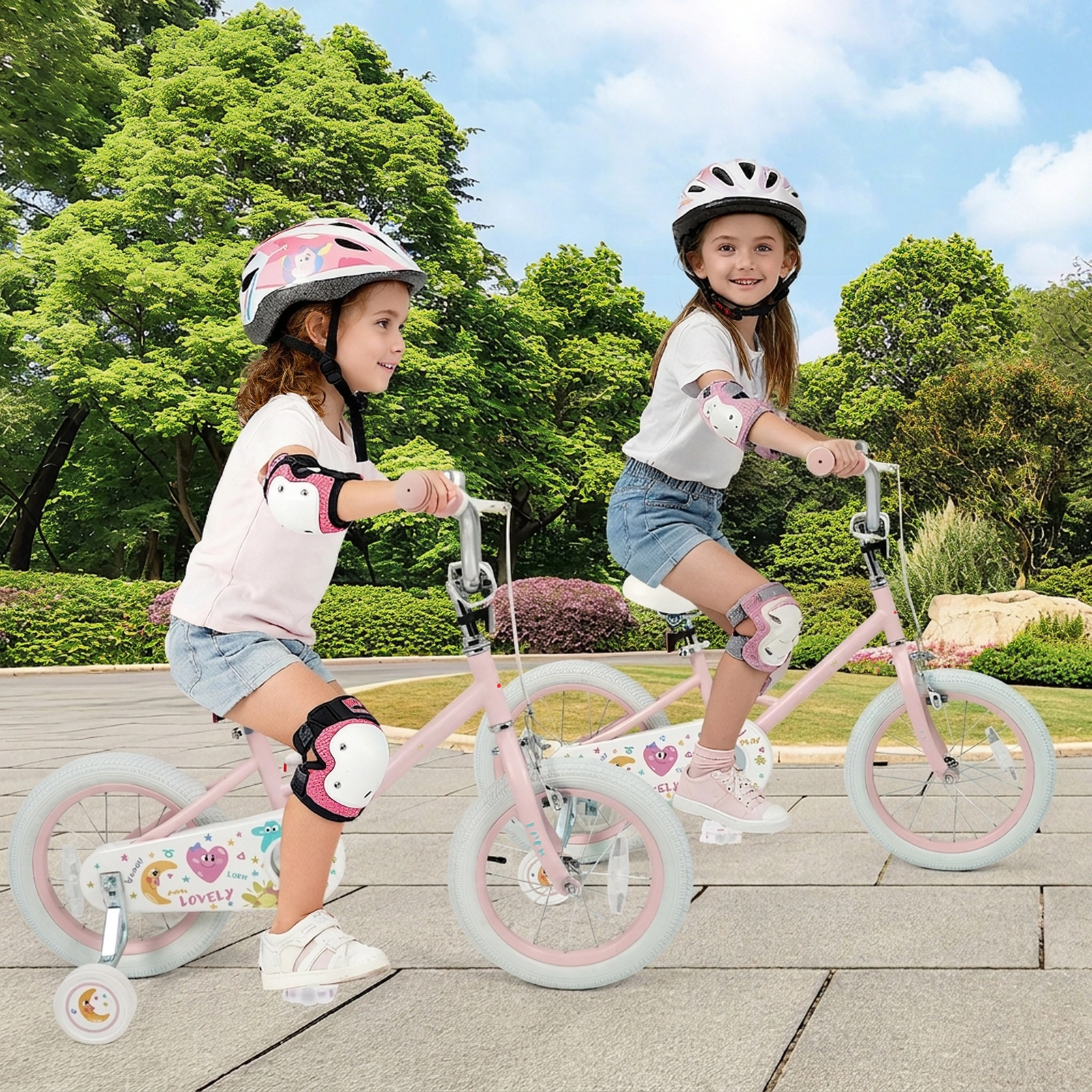 14-in Girls Bike Quick Release Seat 2 Removable Training Wheels 3 Reflectors Dual Brake Kids Ages 3-5 Pink Stars/Moon