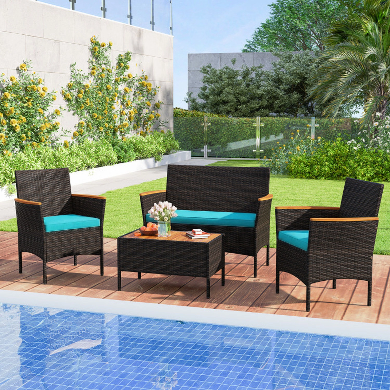 SUGIFT Turquoise Loveseat 2 Armchairs and Coffee Table 4-Piece Patio Wicker Sofa Set
