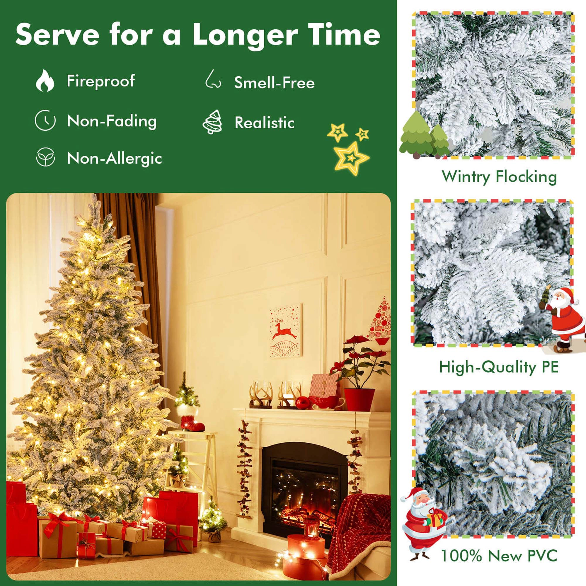 Costway 4.5 FT Pre-Lit Flocked Christmas Tree Hinged w/ 120 LED Lights & 757 Branch Tips