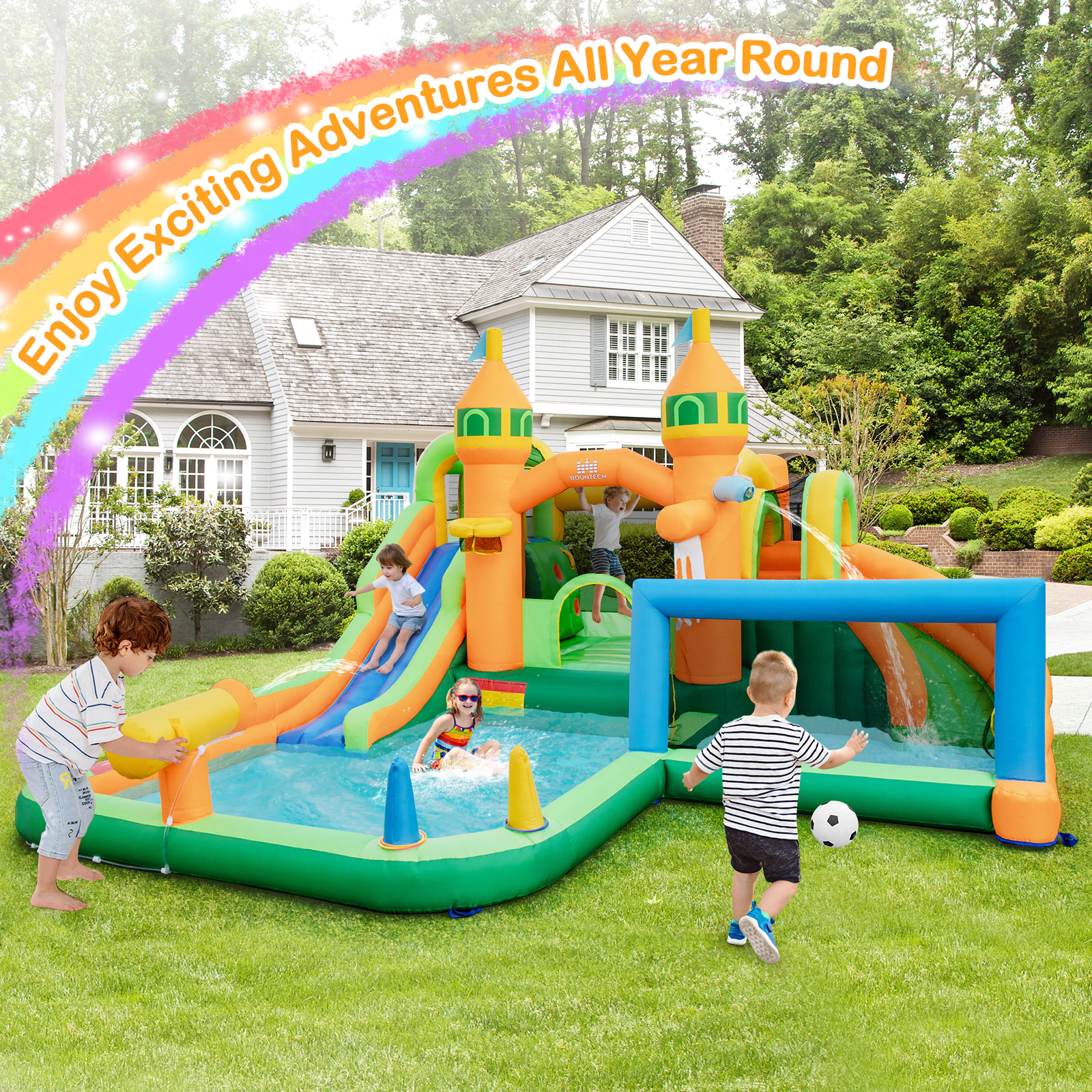 SUGIFT Kids Inflatable Water Slide with Two Pools Round Climbing Door and Basketball Hoop No Blower