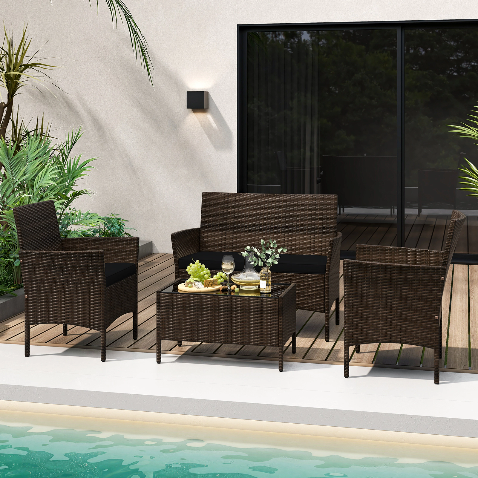 SUGIFT Cushioned Loveseat and Table 4-Piece Patio Rattan Conversation Set