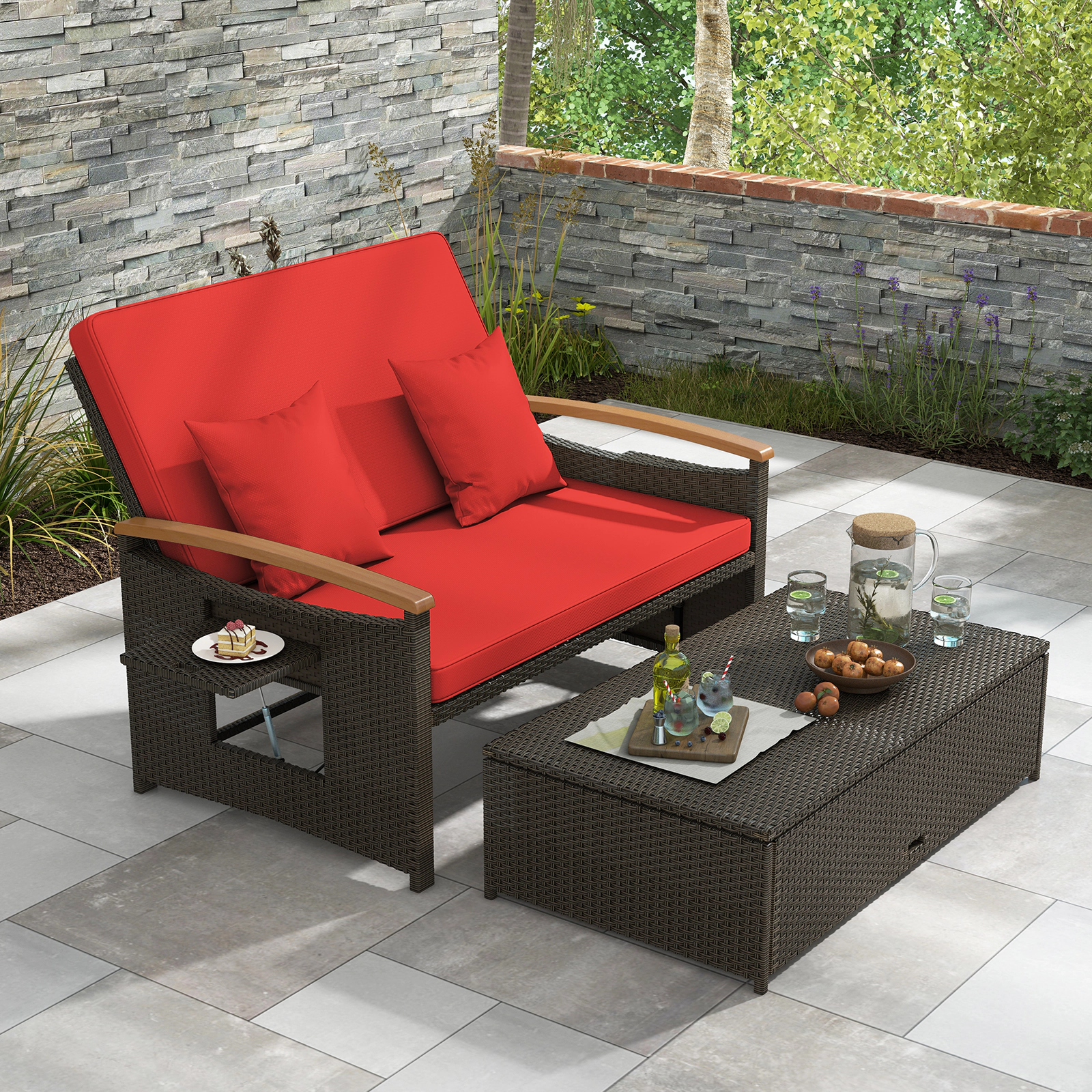 SUGIFT Folding Backrest Panels Storage Ottoman and Throw Pillows Outdoor Wicker Daybed