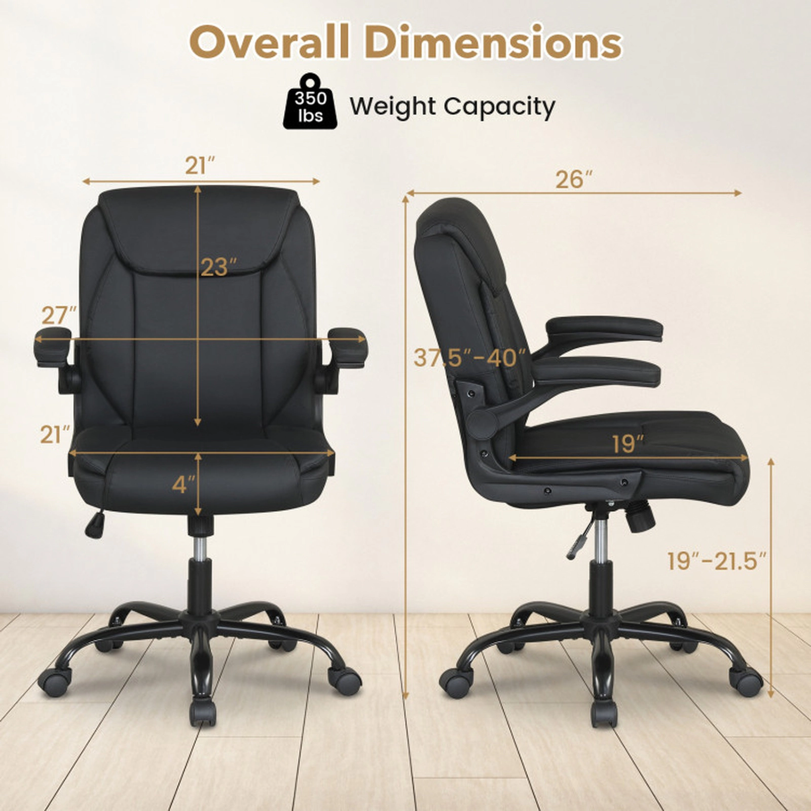 SUGIFT Ergonomic Leather Office Chair with Rocking Function and Flip-up Armrests 350-lb Capacity Black 27 x 26 x 37-in