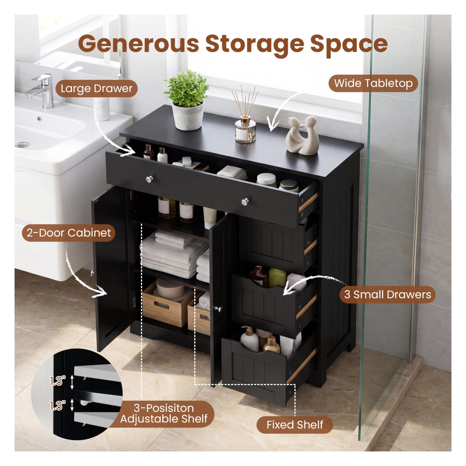 Glintex Wide Bathroom Cabinet with 4 Drawers 2 Doors and 320-Lb Capacity