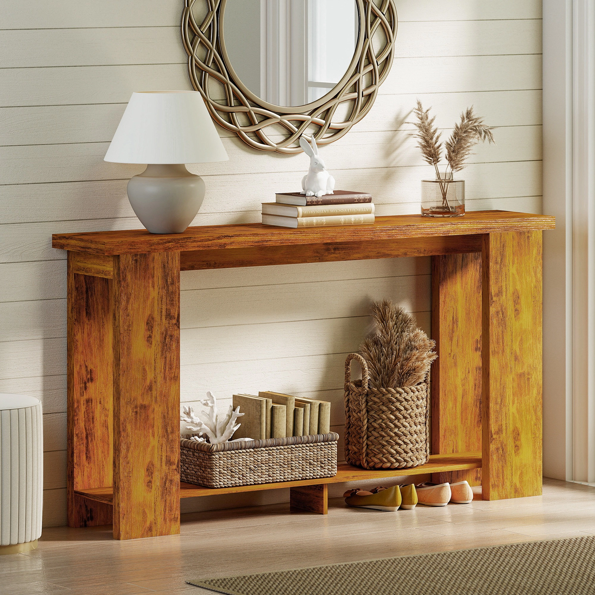 HONGGE Farmhouse Console Table, 63" Narrow Entryway Table with Thickened Tabletop for Living Room, Hallway, Distressed