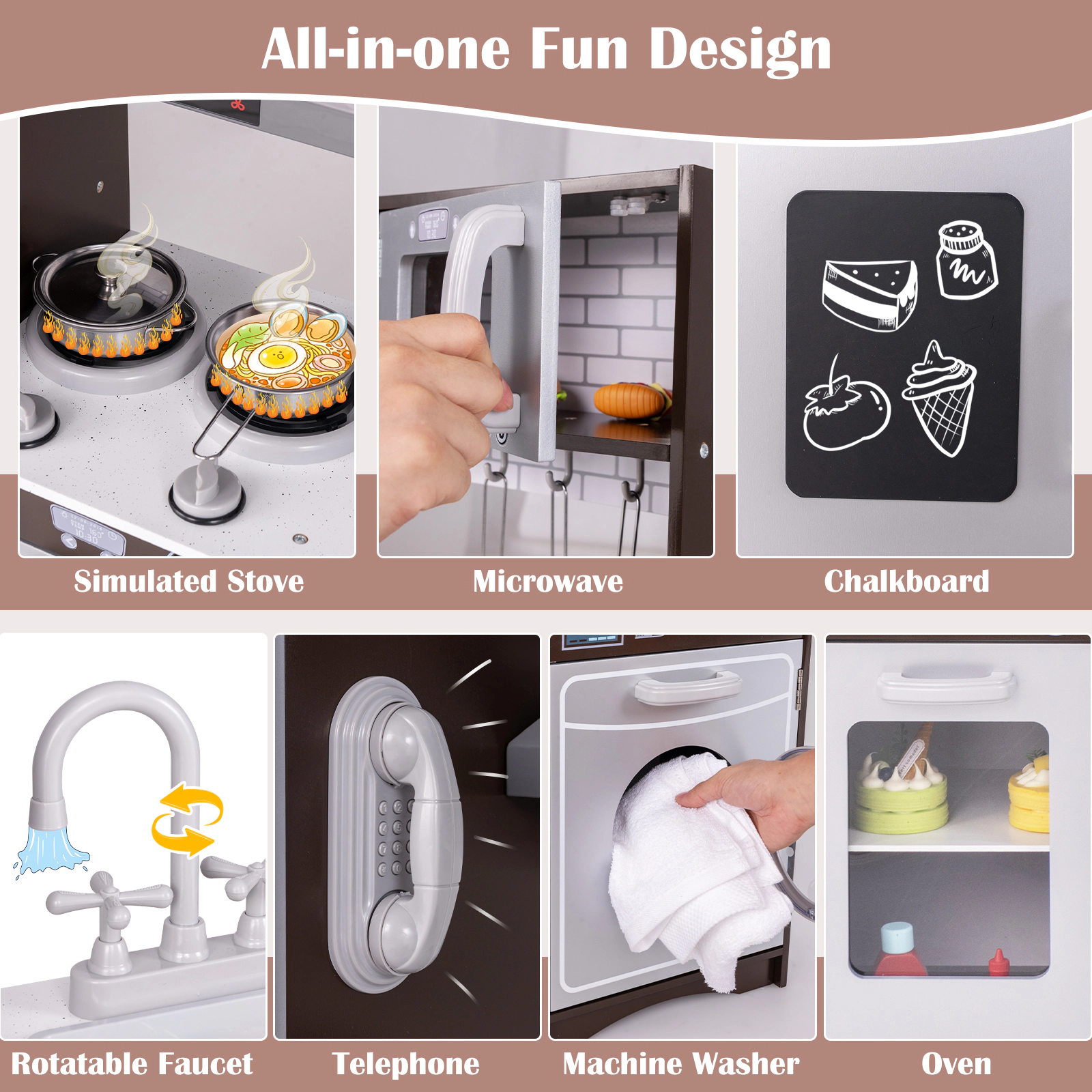 SUGIFT 48-in Dark Brown Corner Kids Kitchen Playset with Interactive Lights Sounds and Ice Maker 18-in Counter