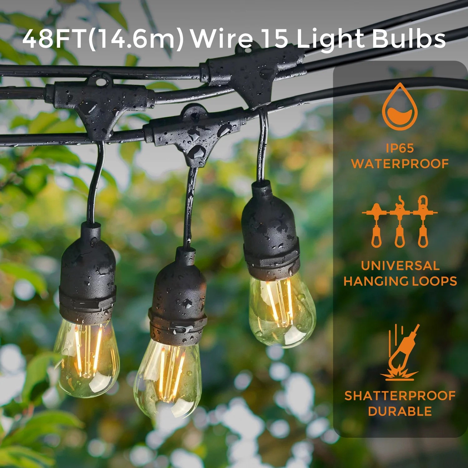 Sonicgrace 48FT Patio String Lights 15 LED Bulbs IP65 Waterproof
