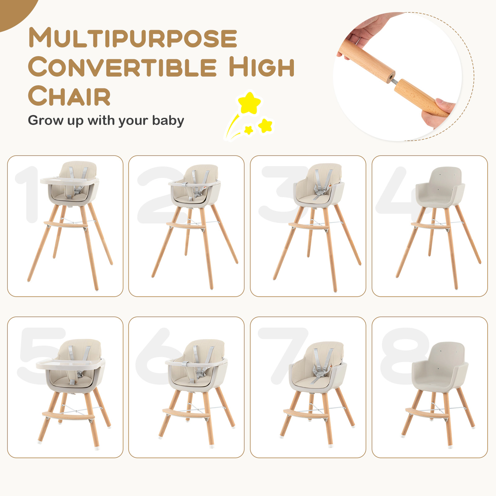 SUGIFT 3-in-1 Convertible Wooden High Chair with Cushion 35-lb Capacity Ages 6 Months-3 Years Beige