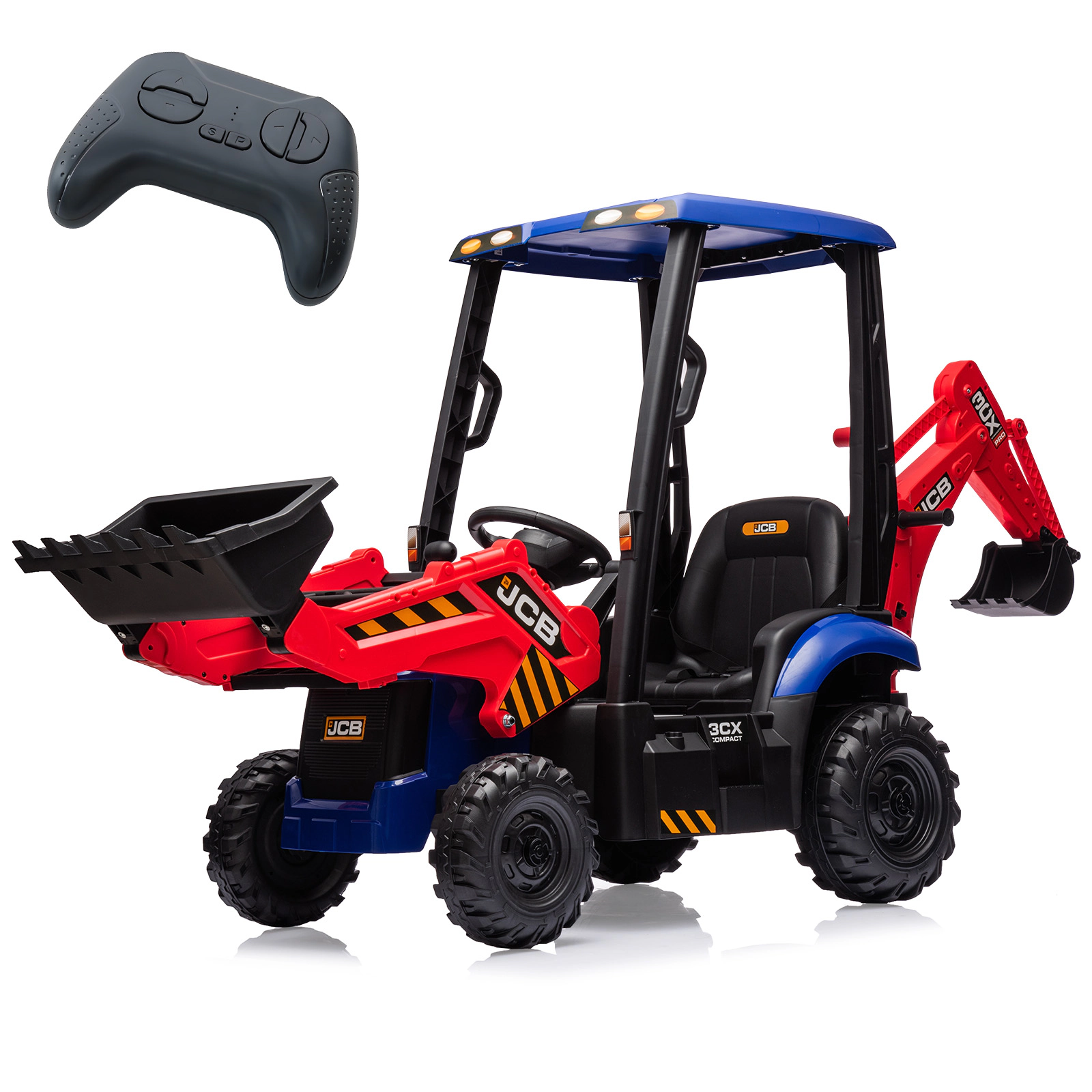 Enjyam 12V 4-in-1 Kids Ride On Excavator Bulldozer, Electric Digger w/Remote Control, Front Loader, Tent