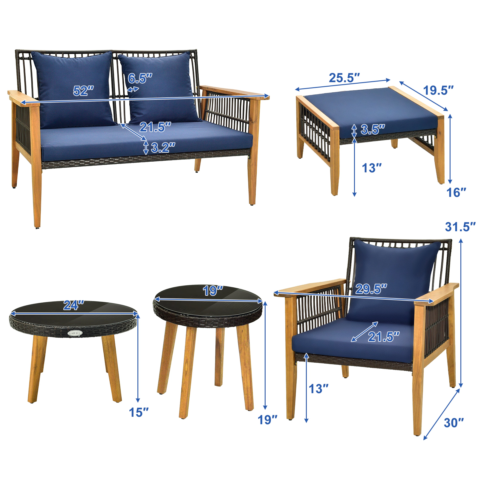 SUGIFT Navy Acacia Wood Frame Ottomans and 2 Tables 7-Piece Outdoor Conversation Set