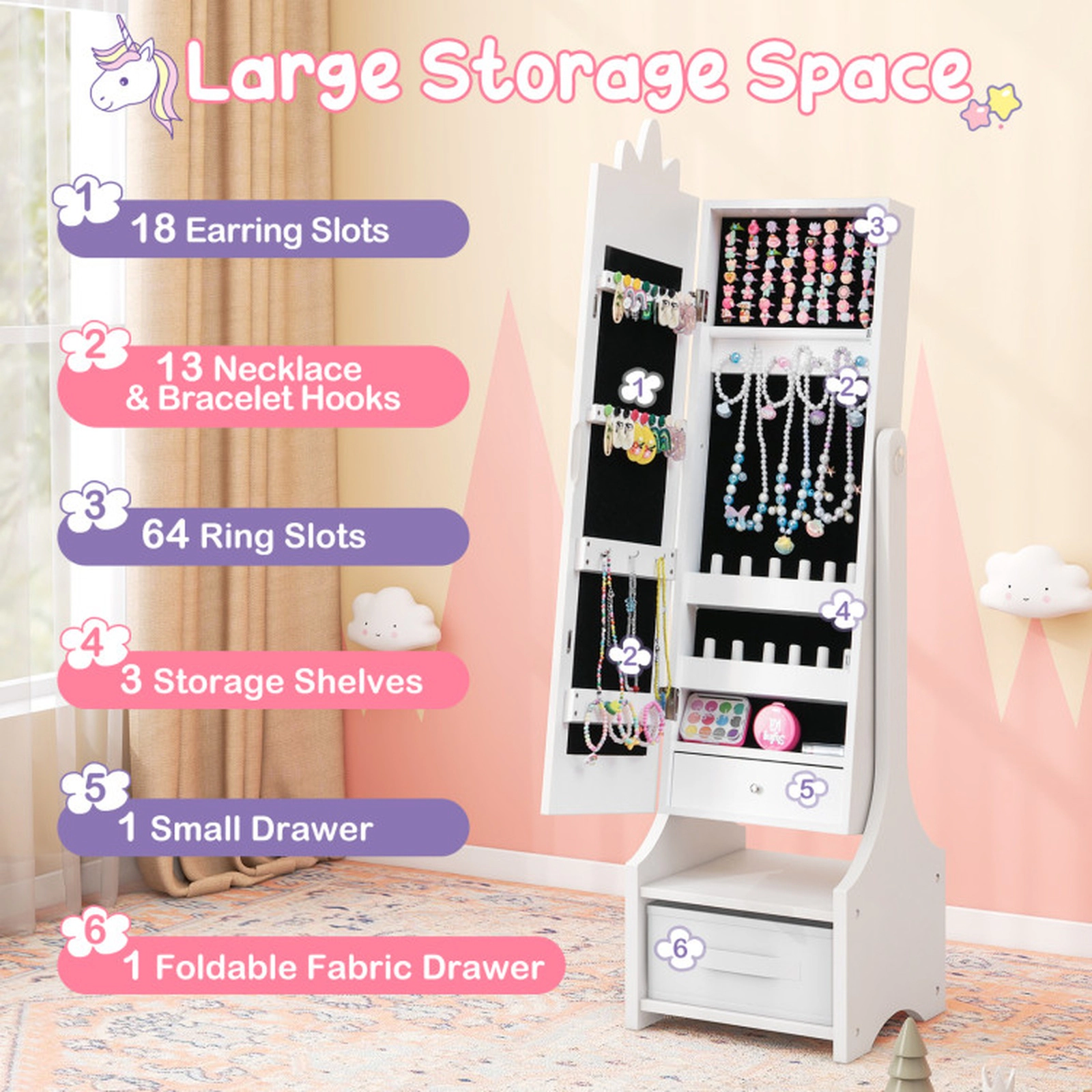 SUGIFT Kids Princess Vanity Table and Stool Set with Mirror Drawer Jewelry Cabinet White