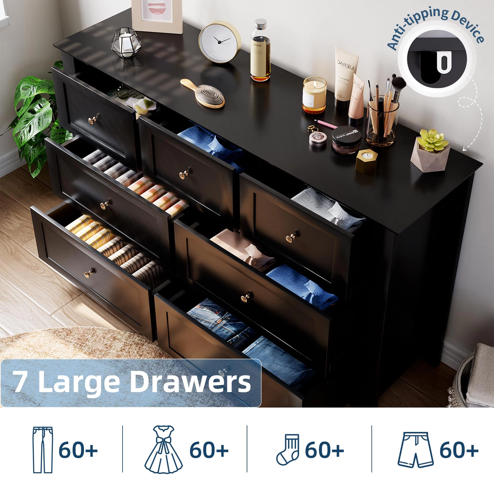 7 Drawer Dresser with Metal Knobs, 53.9" Wide Wooden Double Storage Chest for Bedroom Entryway