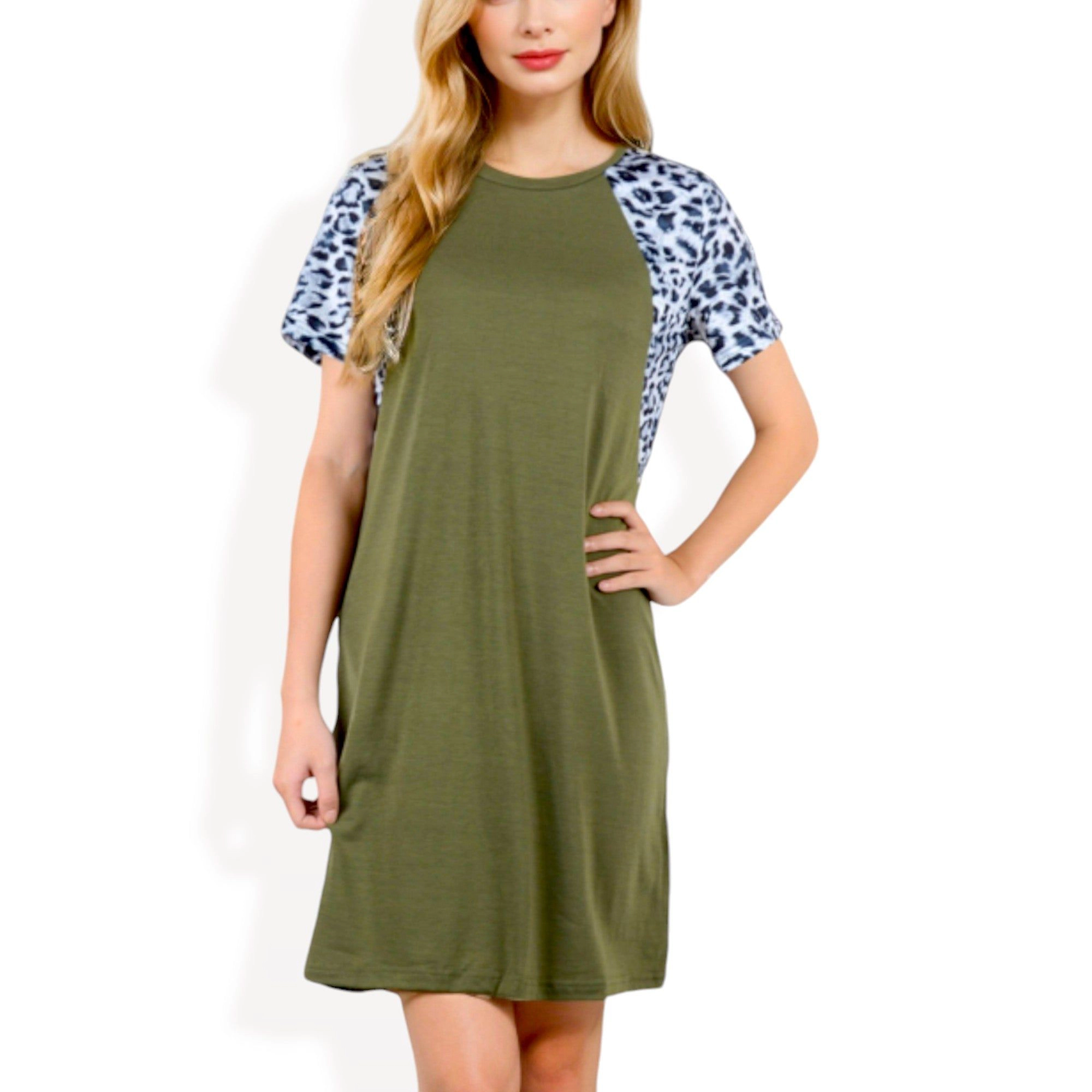 Anna-Kaci Women's Short Sleeve Leopard Print Raglan Relaxed Fit T-Shirt Dress