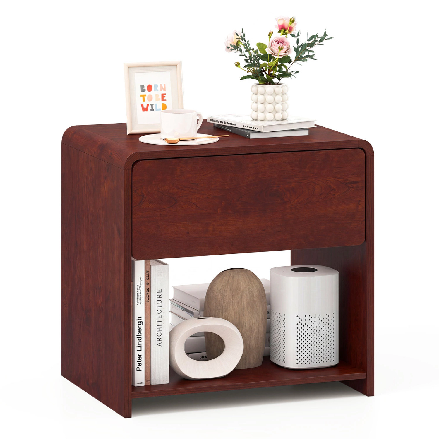 Glintex 2-Tier Nightstand with Concealed Handle Color-Block Front and Open Shelf, Oak