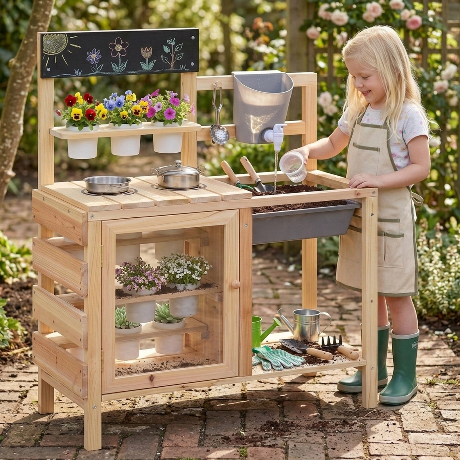 Mud Kitchen for Kids Plants Observation Room 12 Plant Cups Real Faucet 27-in Fir Wood Outdoor Play Sink Ages 3+ Natural