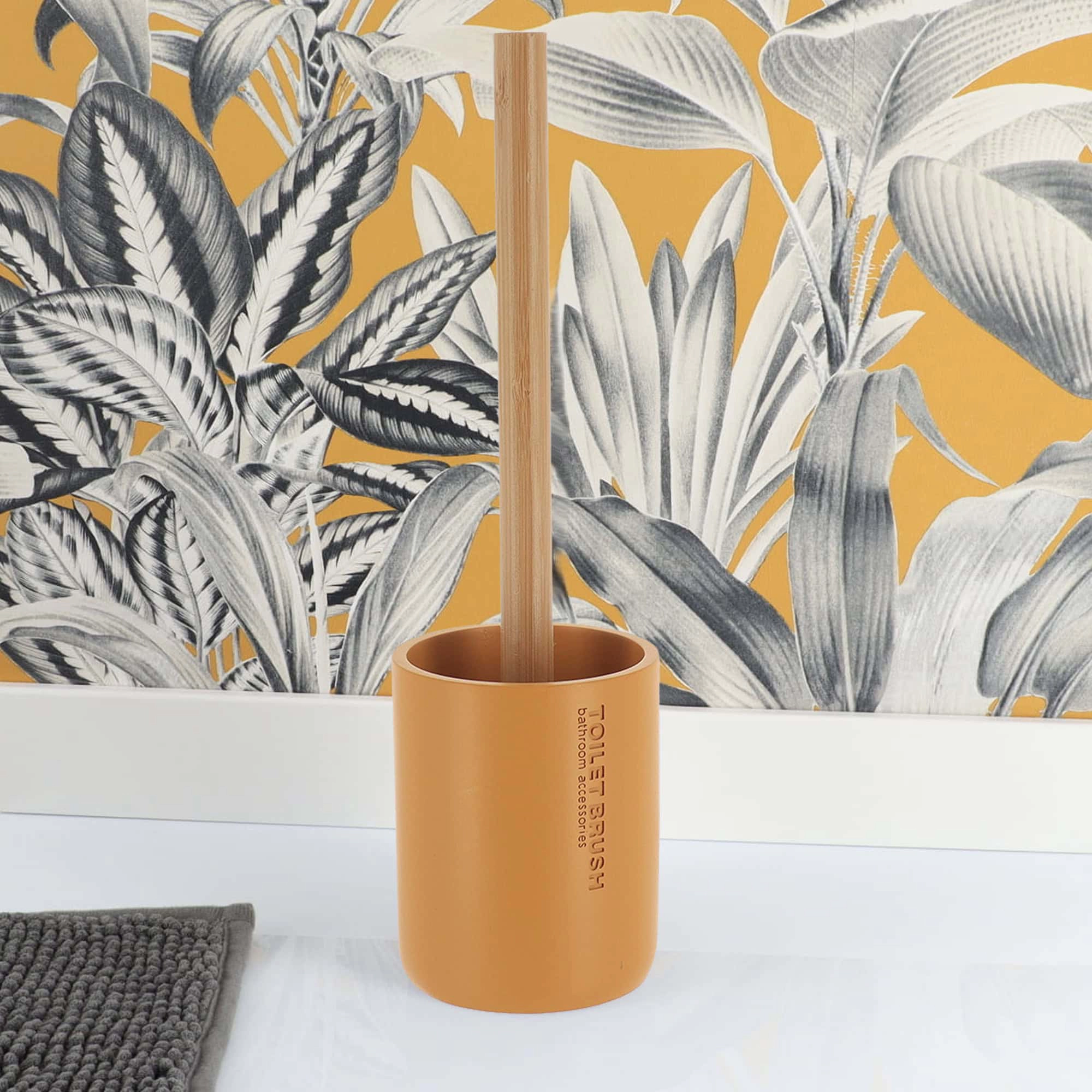 Evideco French Home Goods Willis Toilet Brush Set - Matte Polyresin Cup with Bamboo Handle