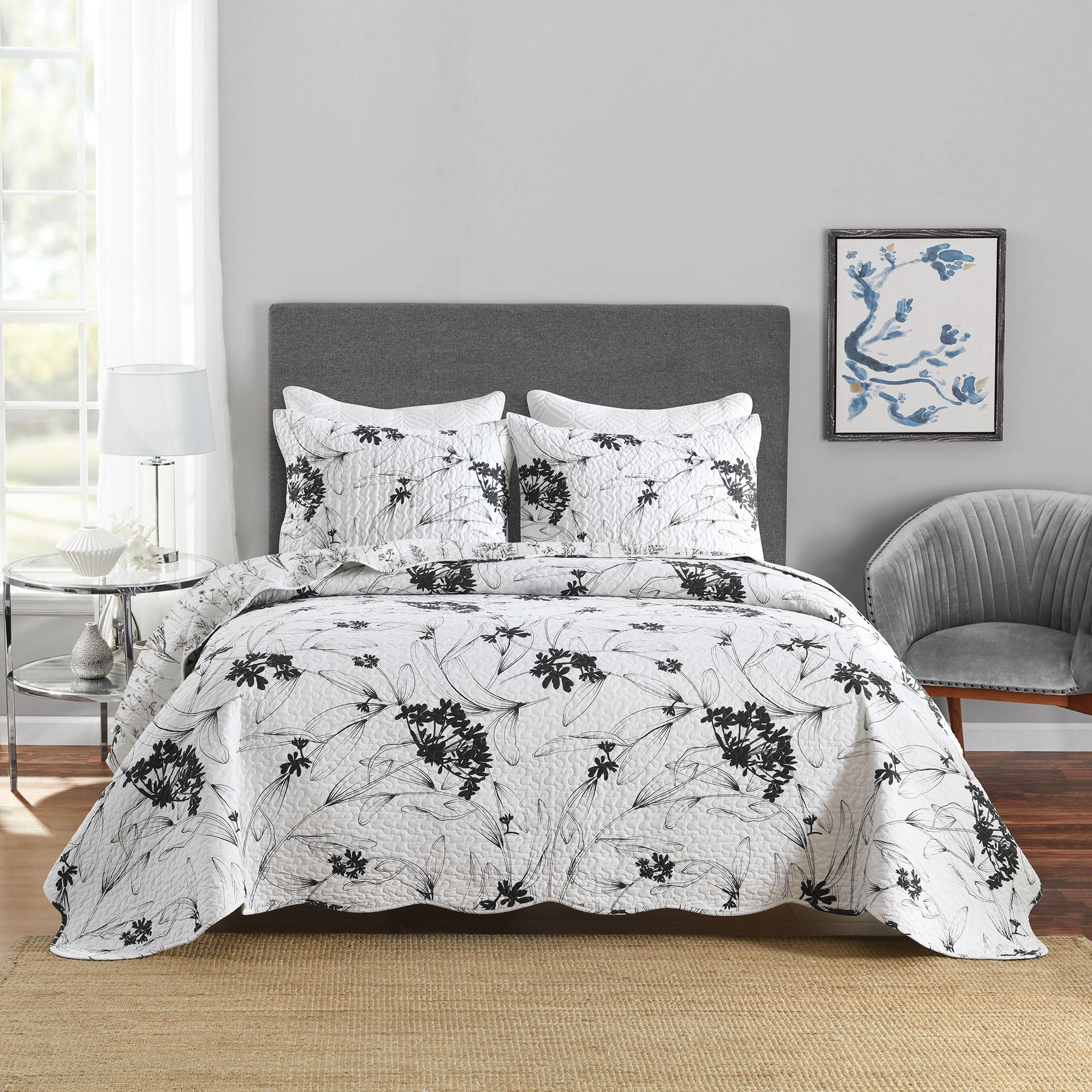 MarCielo 3 Pieces Polyester Black and White Botanical Floral Quilt Bedspread Set