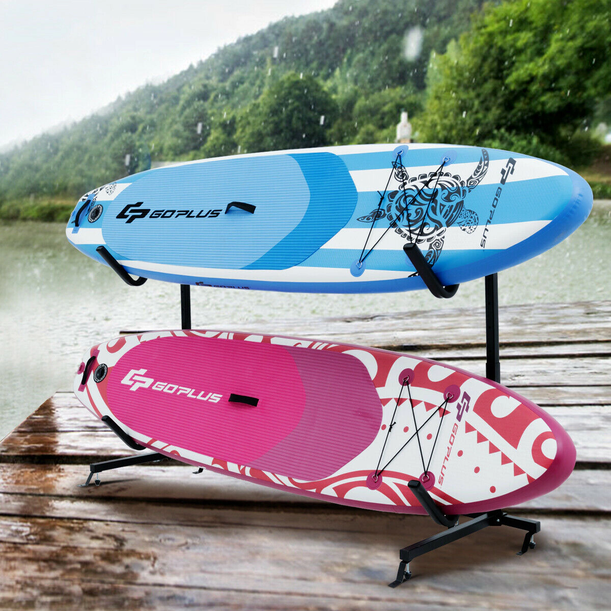 SUGIFT Adult Black Dual Kayak Storage Rack with 6 Adjustable Hook Levels 8-ft W 4.5-ft H 175-lb Load Capacity