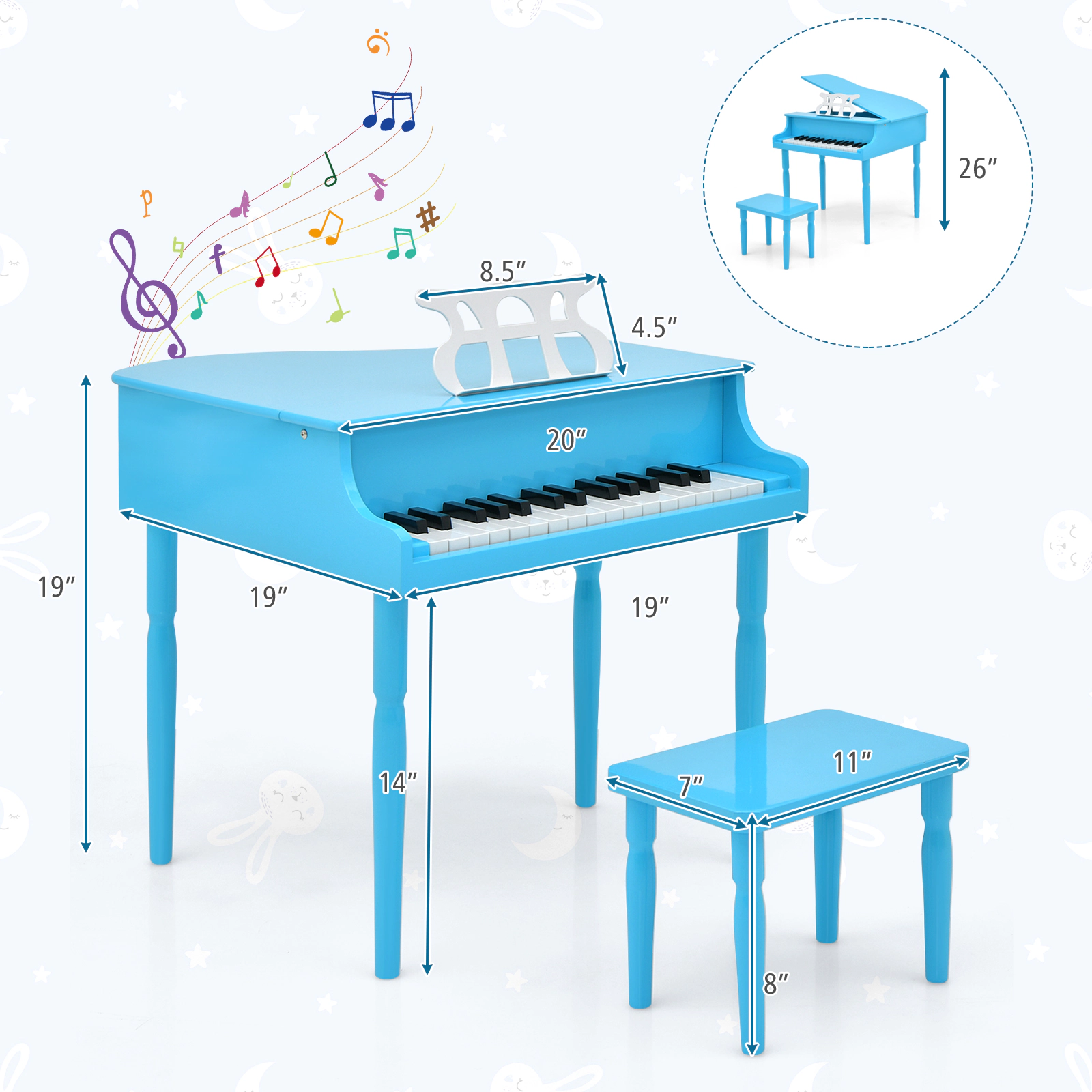 SUGIFT Blue 30-Key Wood Kids Grand Piano with Bench Music Rack Safety Hinges and Straight Leg Structure