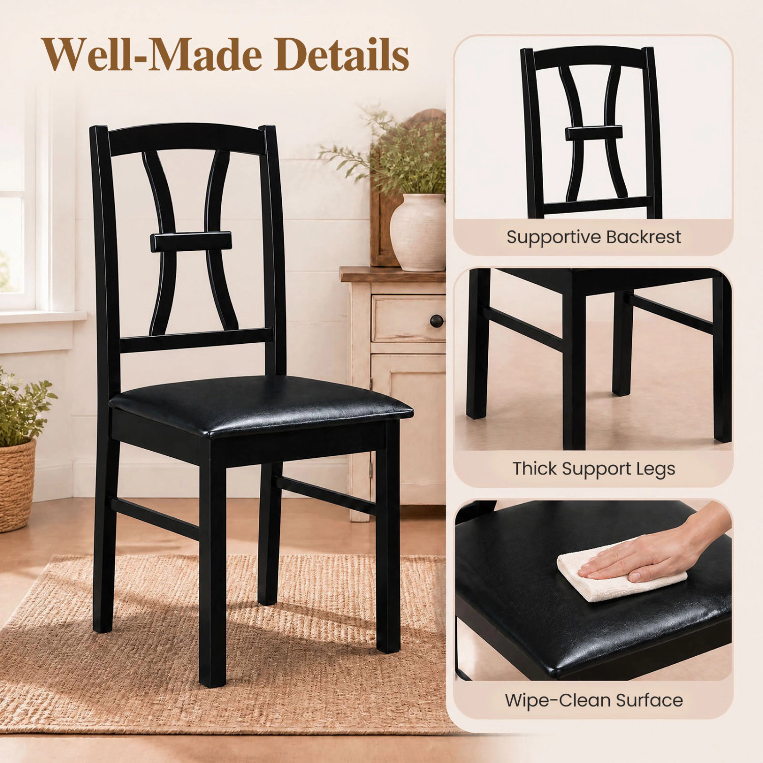LJG Wooden Dining Chairs Set of with Faux Leather Padded Seat for Kitchen