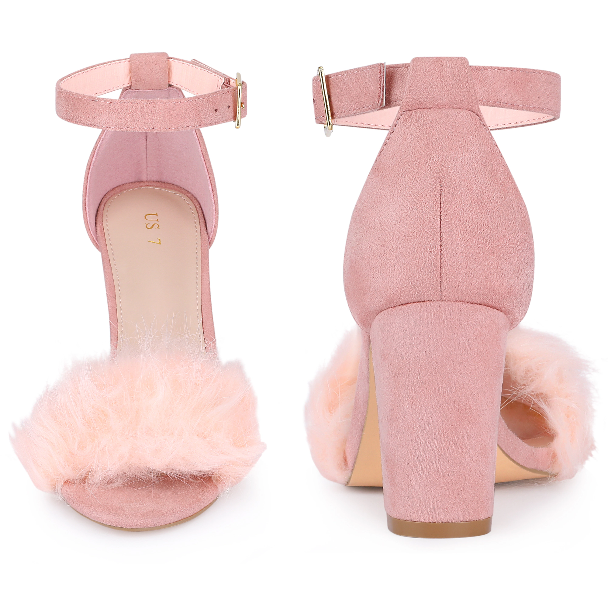 BLISSFUL STEP Women's Fluffy Faux Fur Ankle Strap Block Heel High Heels Sandals