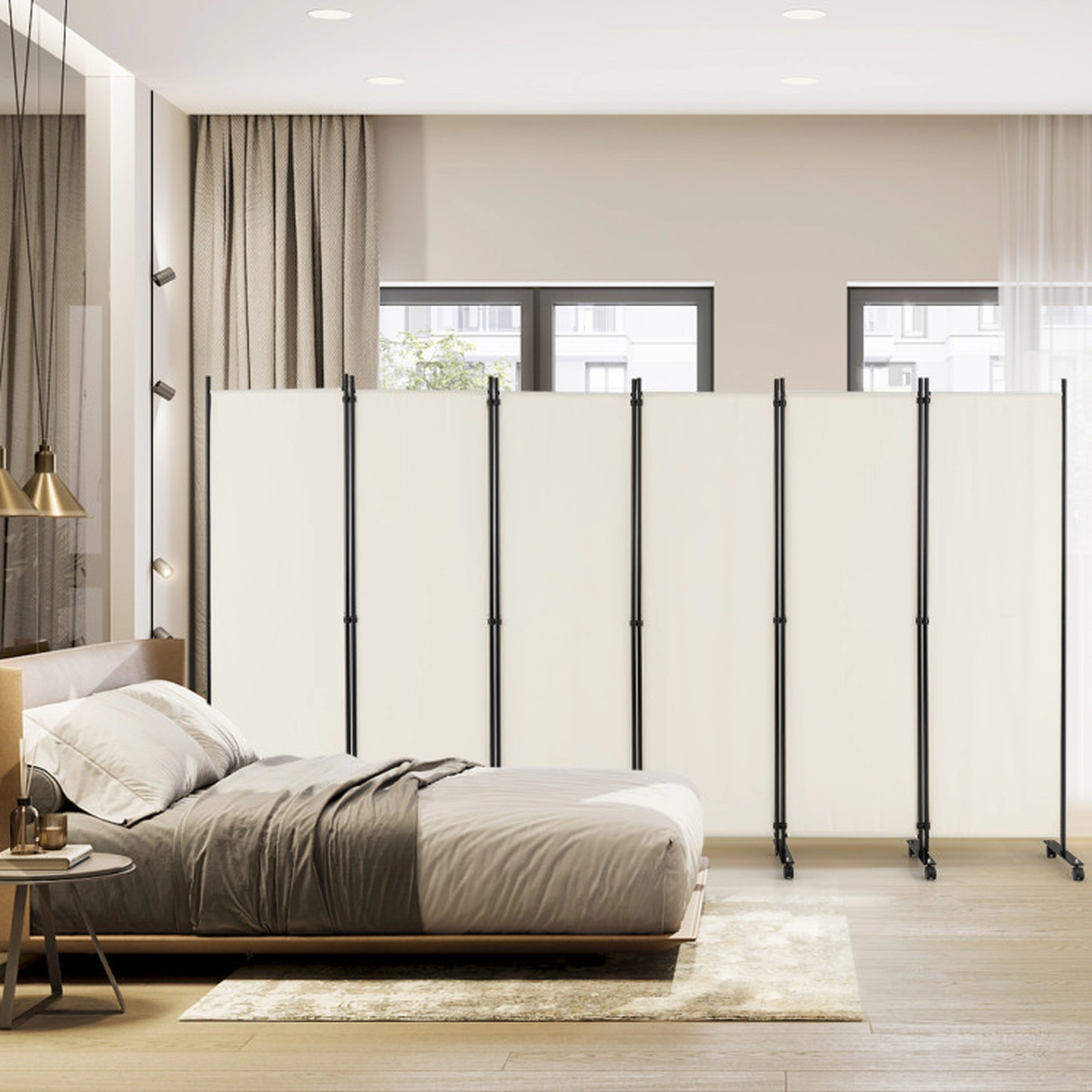 SUGIFT White 6-Panel 132-in Wide 68-in Tall Rolling Folding Room Divider Privacy Screen with 14 Wheels