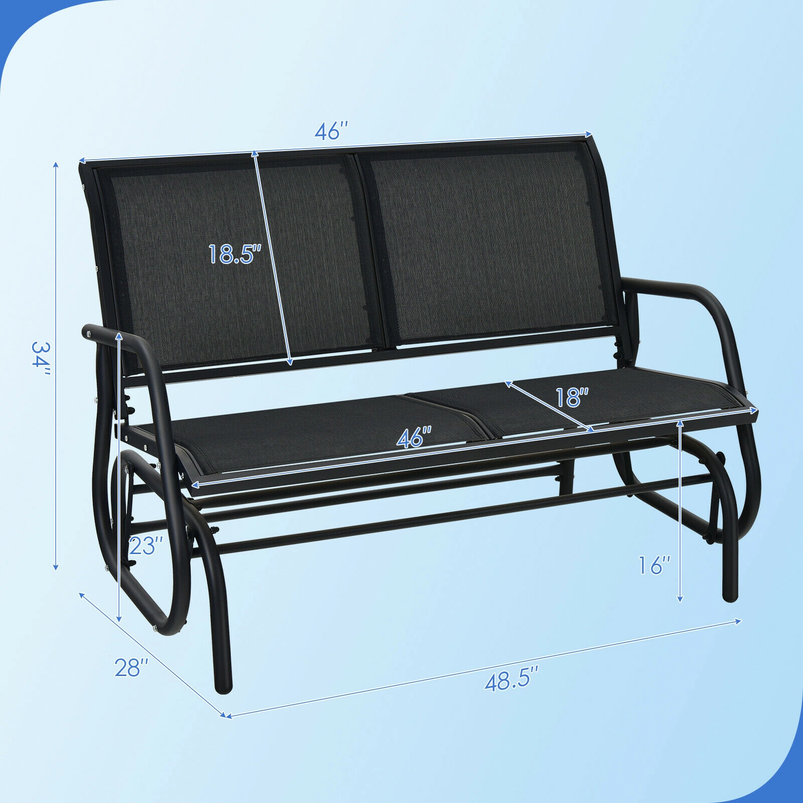 SUGIFT 48.5-in Steel Loveseat Glider Rocking Chair with Curved Back 400-lb Capacity Outdoor Lounge Seat Black