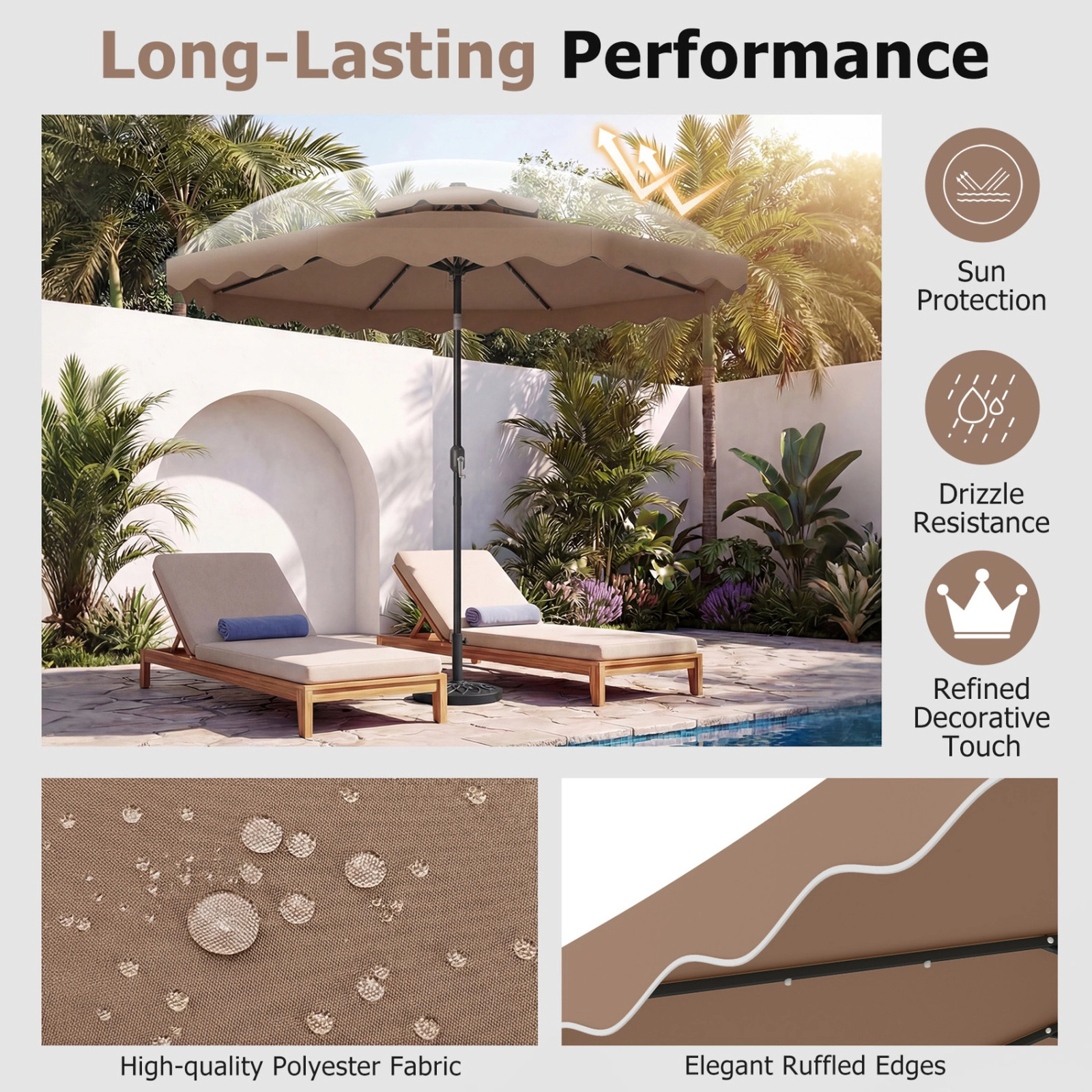SUGIFT 9.5-ft Brown Solar Patio Umbrella with 24 LED Lights 8 Ribs Vented Crown and 2-Section Pole