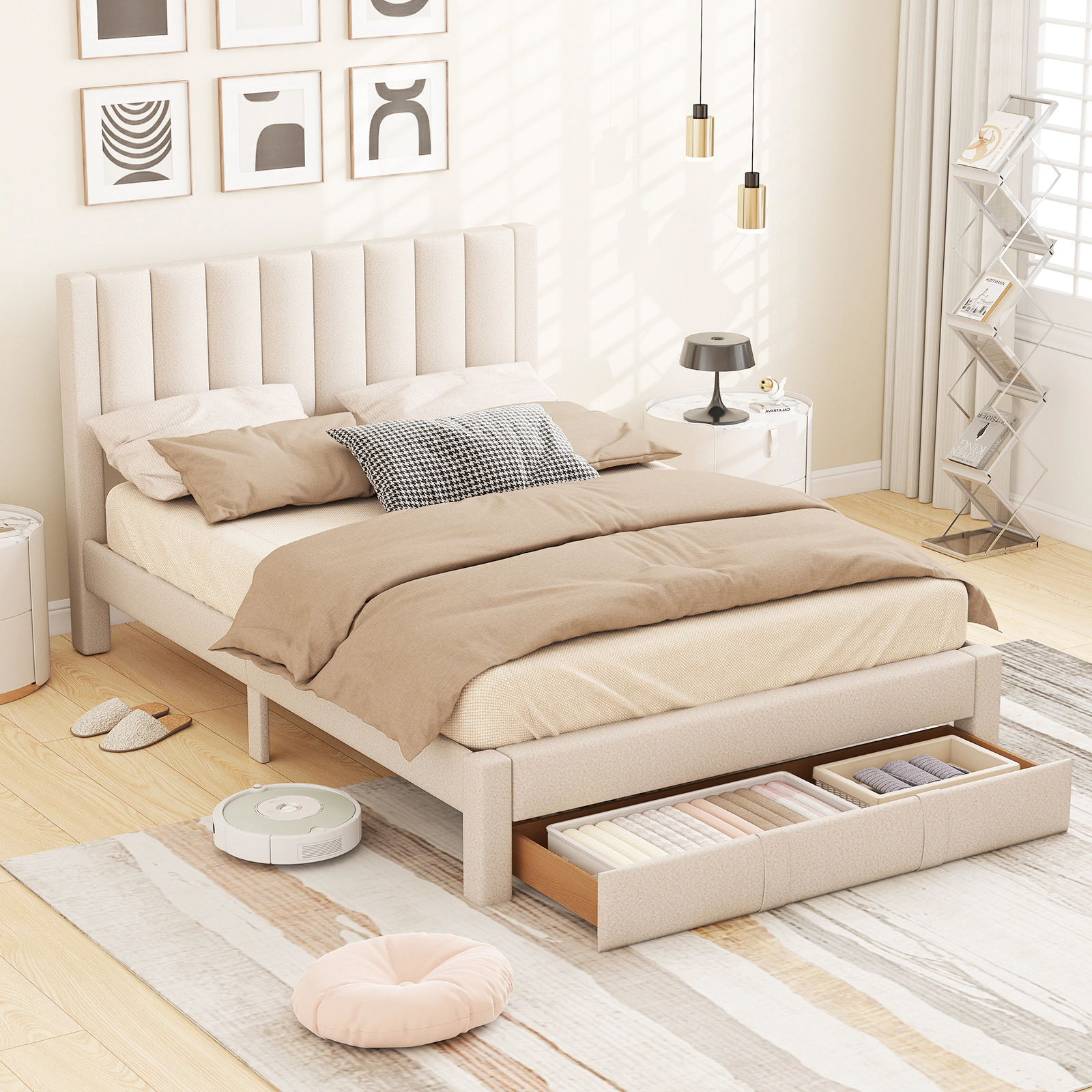 SUGIFT Upholstered Queen Bed Frame with Storage Drawer and Vertical Channel Headboard 800-lb Capacity Beige