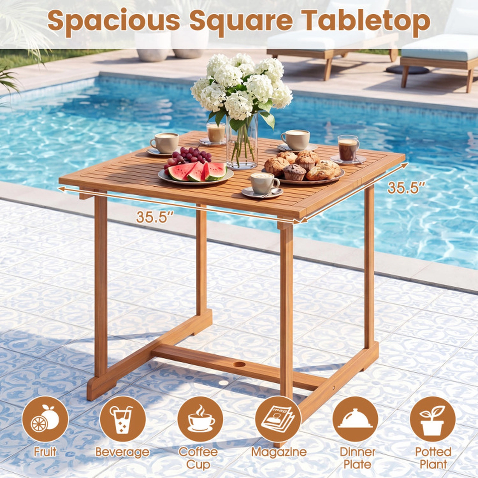 SUGIFT 35.5-in Square Acacia Wood Outdoor Dining Table for 4 with Umbrella Hole