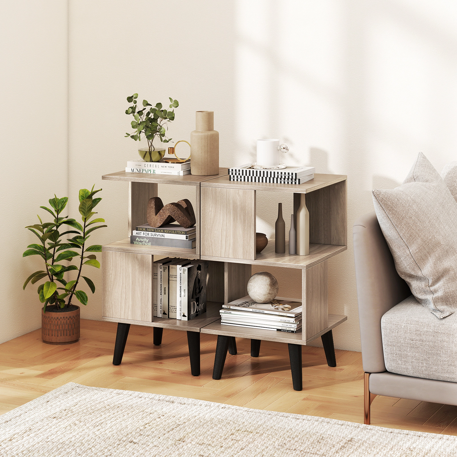 Slickblue 2 Piece End Table Set 16 Inch Square Nightstand with 2 Open Shelves Grey