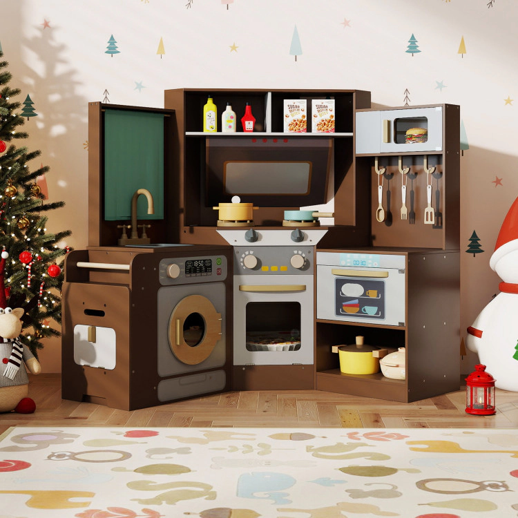 Hivvago Corner Kitchen Toys with Lights and Sounds Pull-out Trash Can Stoves