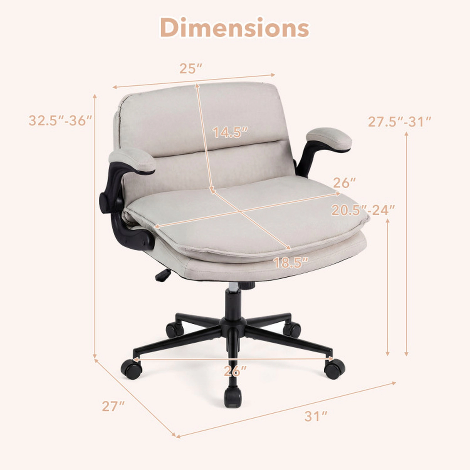 SUGIFT Flip-up Arms Adjustable Height Criss Cross Rolling Office Chair 31-in x 27-in x 32.5-in 330-lb Beige