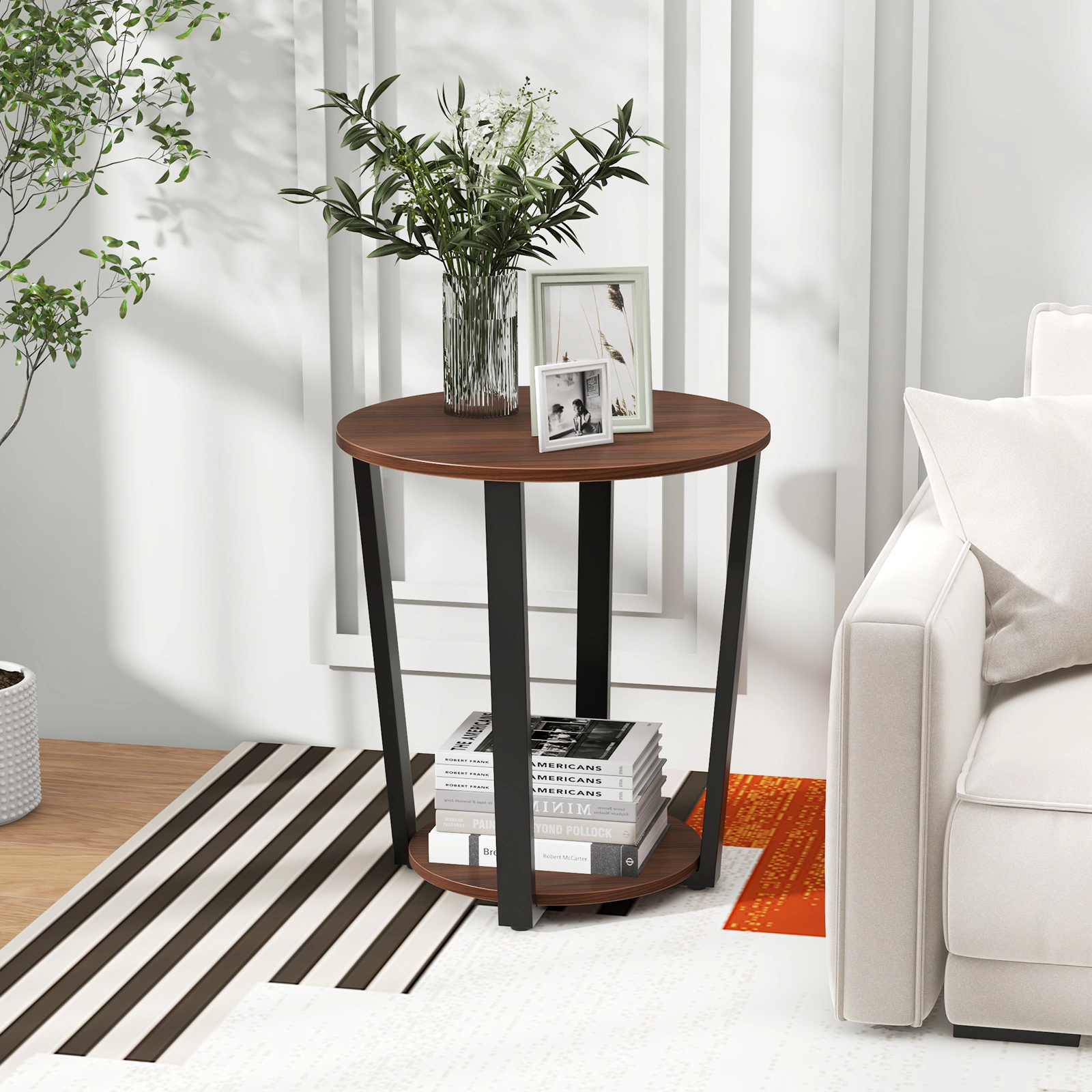 SUGIFT 2 Tier Round Engineered Wood Metal X Frame Open Shelf Storage End Table In Walnut