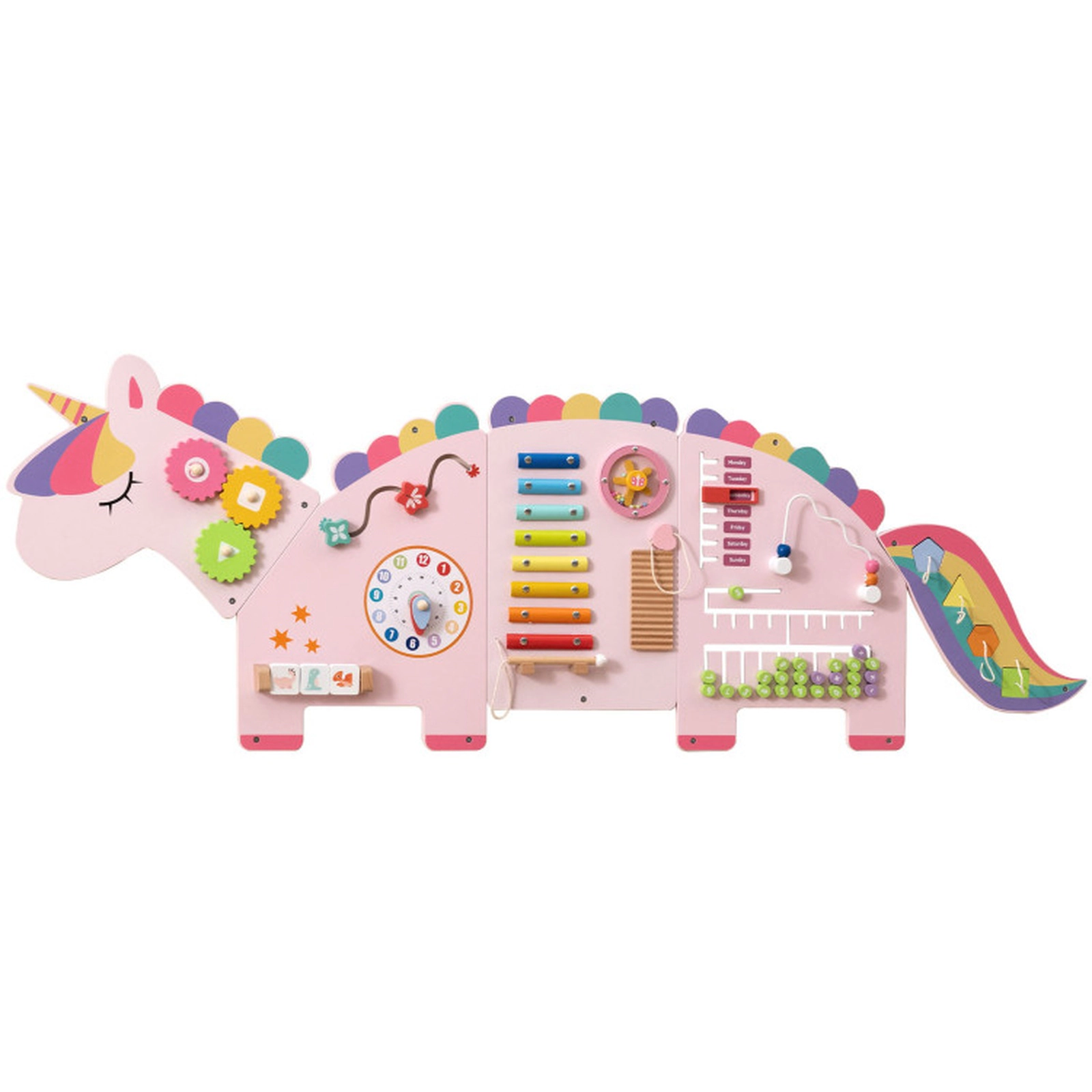 SUGIFT 11-in-1 Dinosaur Busy Board Wall Panels with 8-Note Xylophone Sliding Maze and Rotary Gears