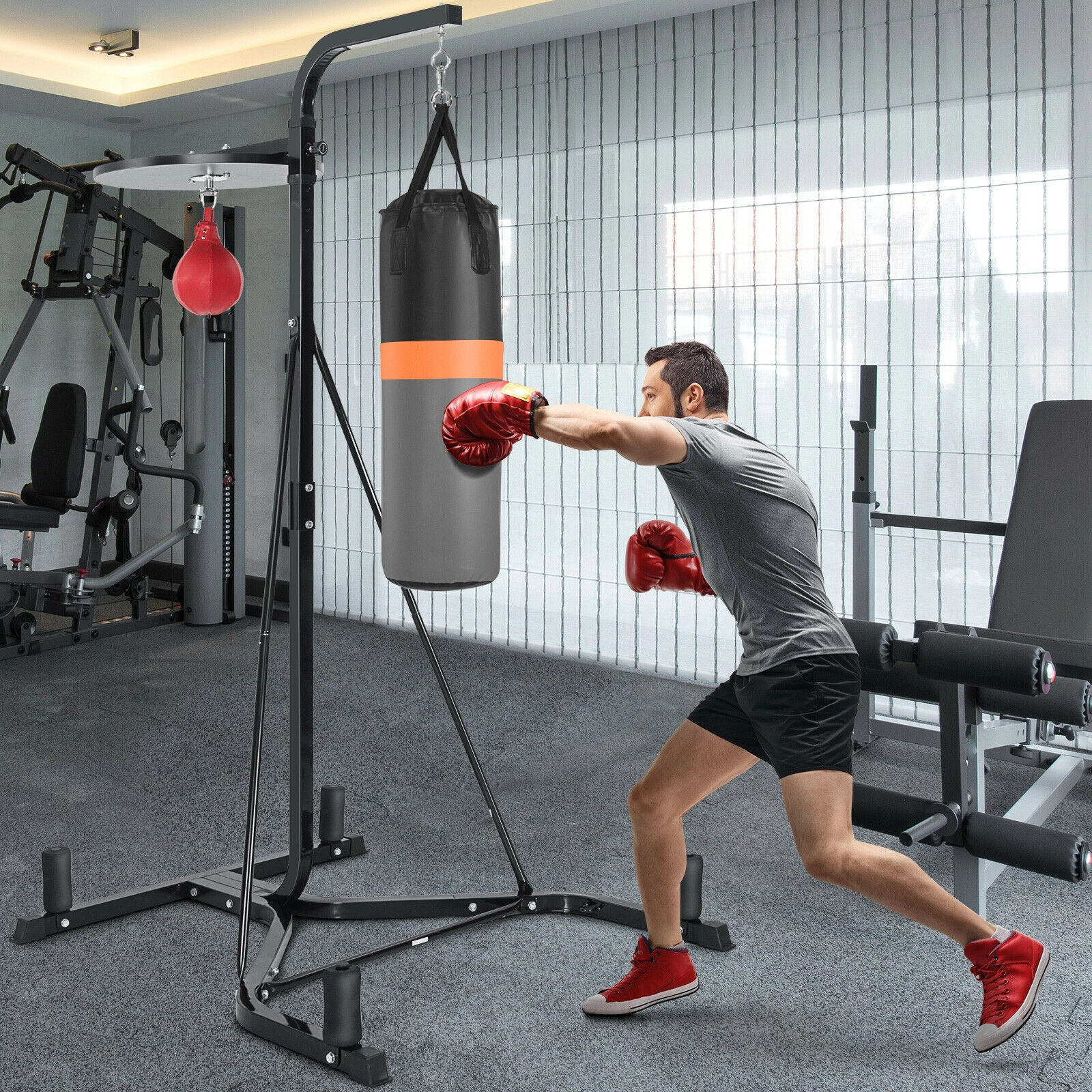 SUGIFT Heavy Duty Boxing Punching Stand with Heavy Bag and Speed Bag 220-lb Capacity Adjustable Speed Bag Gray