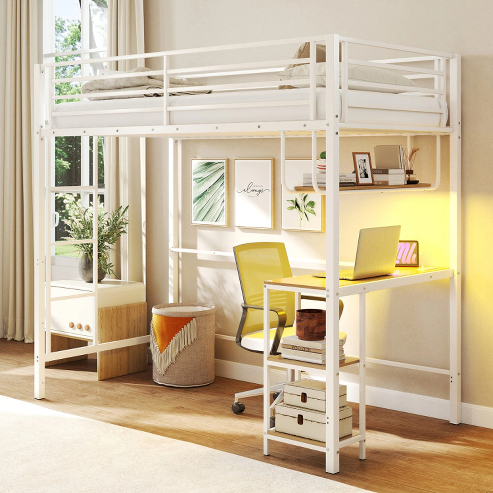 SUGIFT Twin 485-lb Capacity White Metal Loft Bed with Desk Charging Station LED Lights Shelves and Guardrail